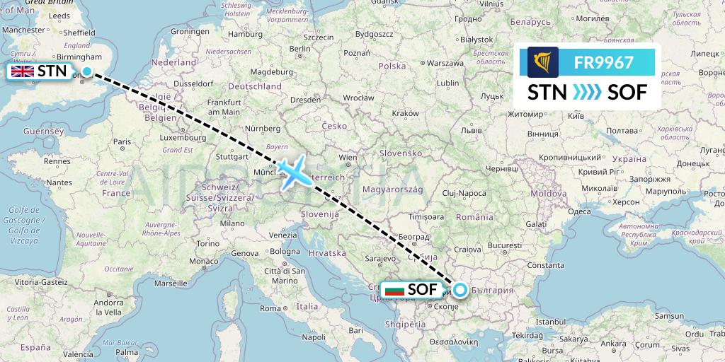 FR9967 Ryanair Flight Map: London to Sofia