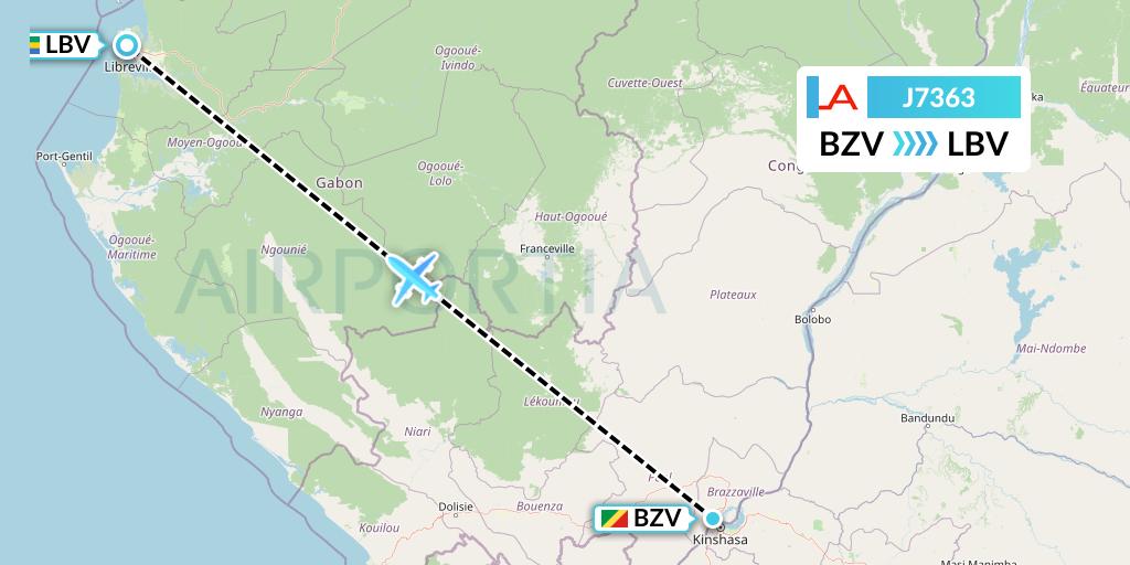 J7363 Afrijet Business Services Flight Map: Brazzaville to Libreville