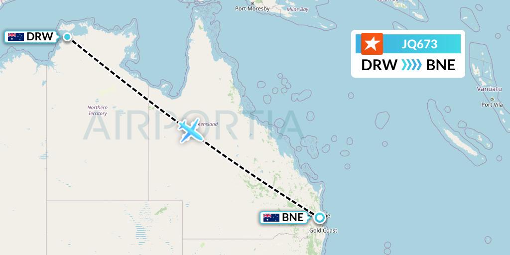 JQ673 Jetstar Airways Flight Map: Darwin to Brisbane