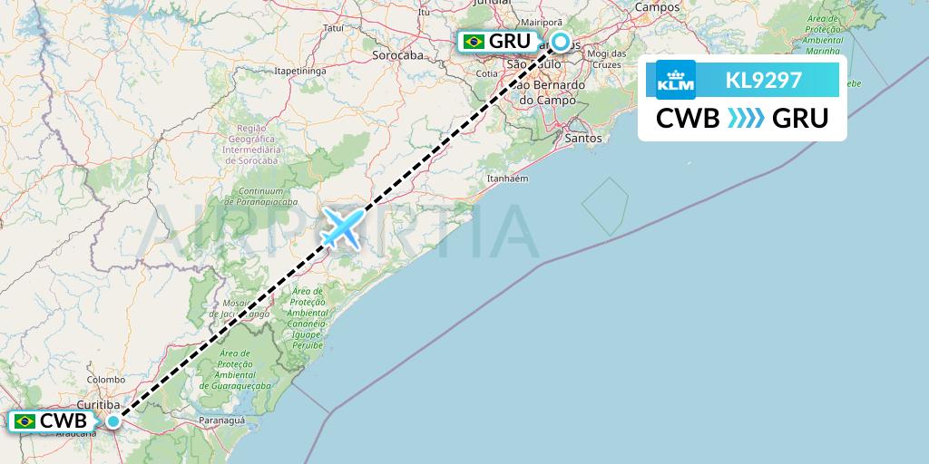 KL9297 KLM Flight Map: Curitiba to Sao Paulo