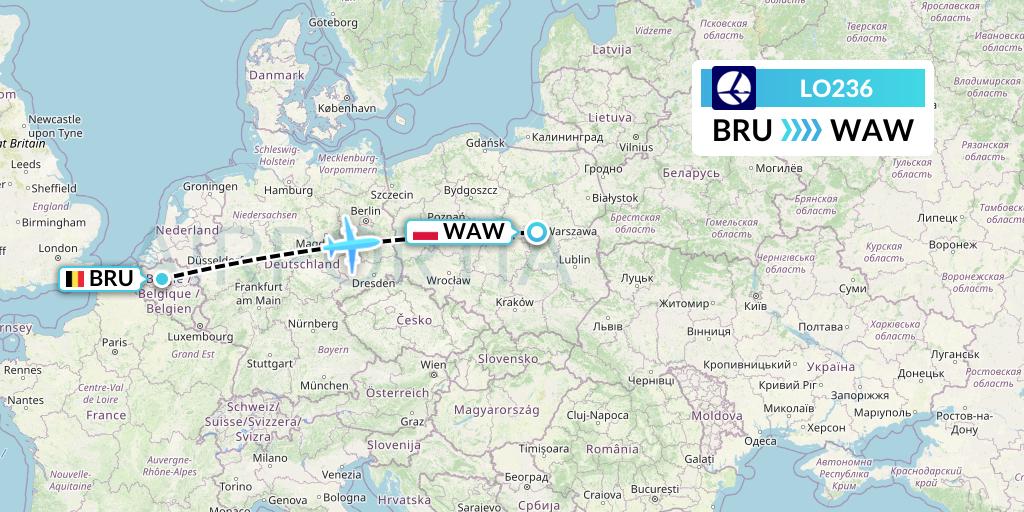 LO236 LOT Flight Map: Brussels to Warsaw
