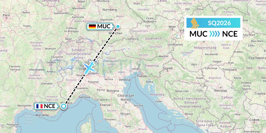 SQ2026 Singapore Airlines Flight Map: Munich to Nice