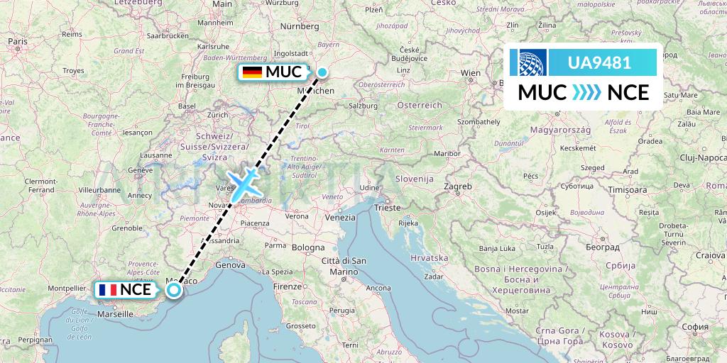UA9481 United Airlines Flight Map: Munich to Nice