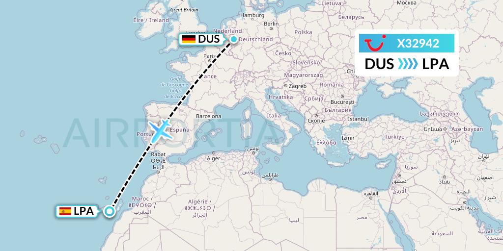 X32942 TUI fly Germany Flight Map: Dusseldorf to Las Palmas