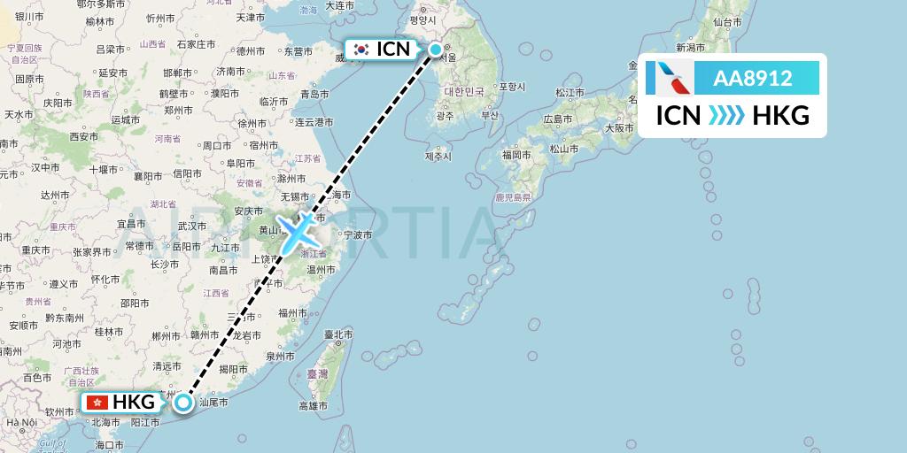 AA8912 American Airlines Flight Map: Seoul to Hong Kong