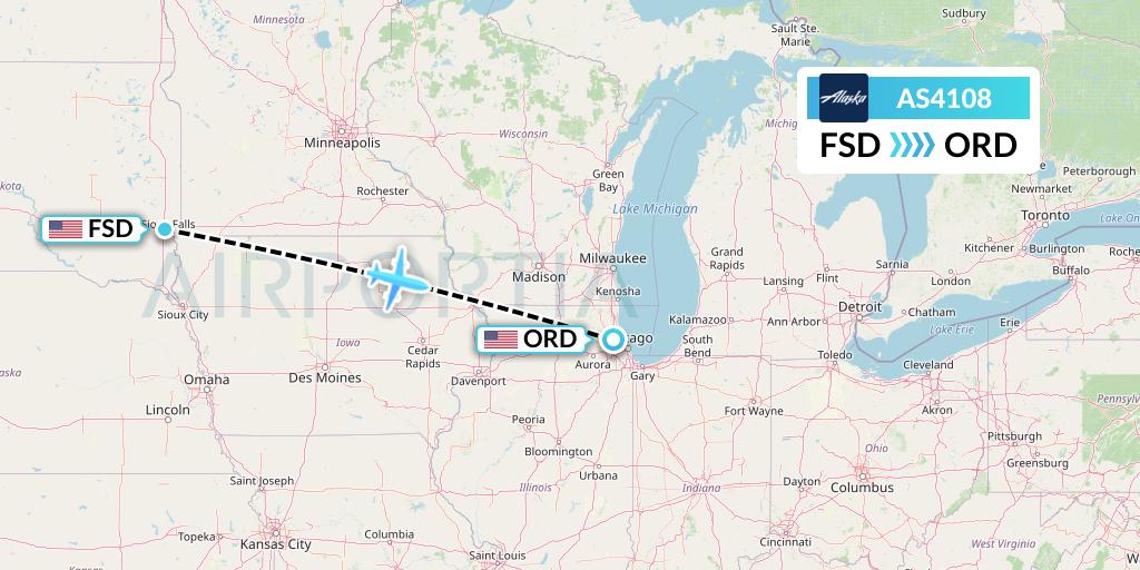 AS4108 Alaska Airlines Flight Map: Sioux Falls to Chicago