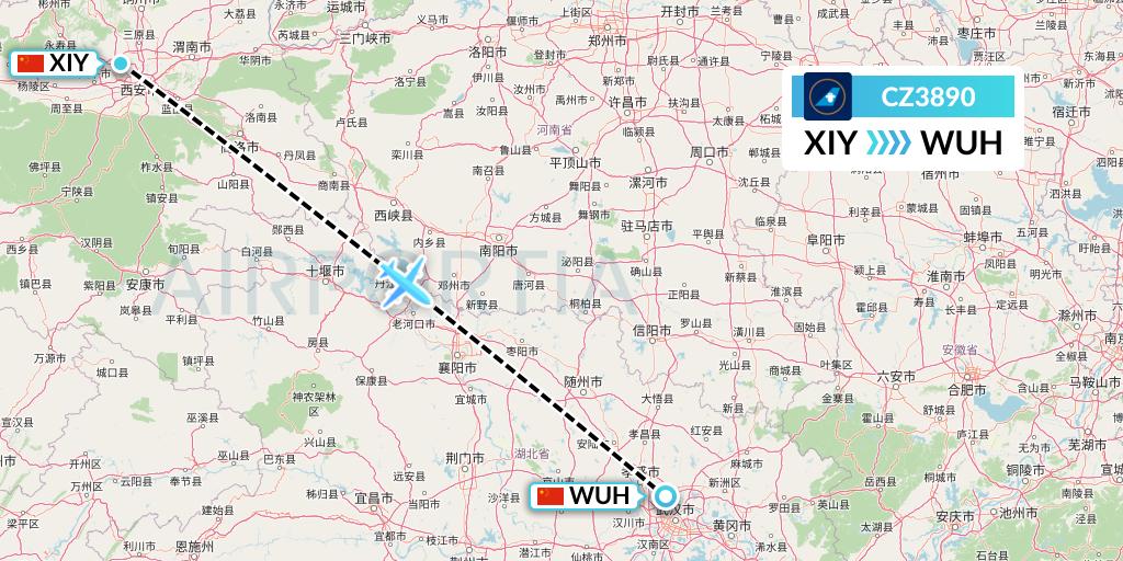 CZ3890 China Southern Airlines Flight Map: Xi'an to Wuhan
