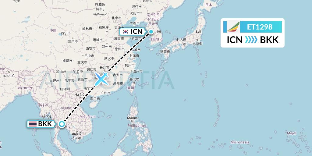 ET1298 Ethiopian Airlines Flight Map: Seoul to Bangkok