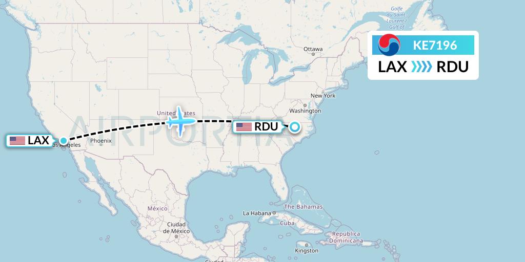 KE7196 Korean Air Flight Map: Los Angeles to Raleigh-Durham