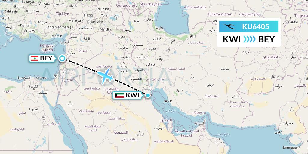 KU6405 Kuwait Airways Flight Map: Kuwait City to Beirut