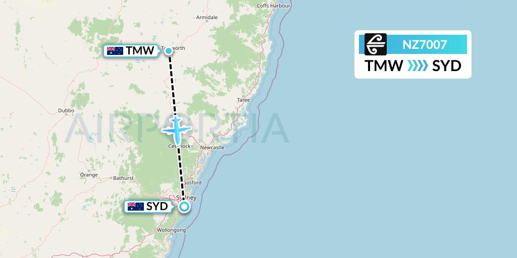 NZ7007 Air New Zealand Flight Map: Tamworth to Sydney