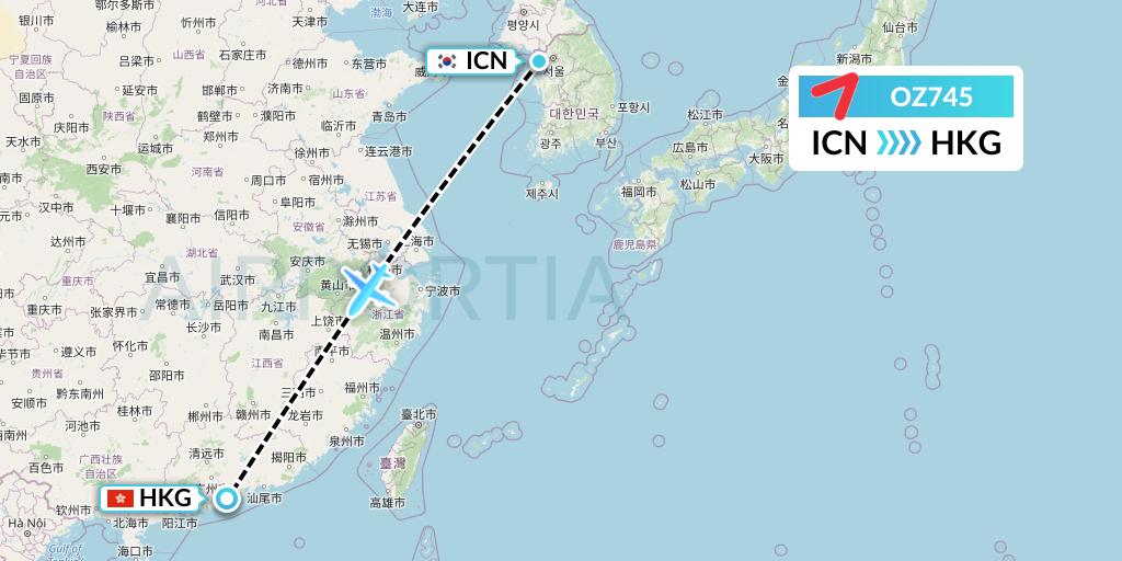 OZ745 Asiana Airlines Flight Map: Seoul to Hong Kong