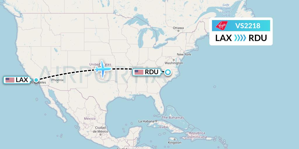 VS2218 Virgin Atlantic Airways Flight Map: Los Angeles to Raleigh-Durham