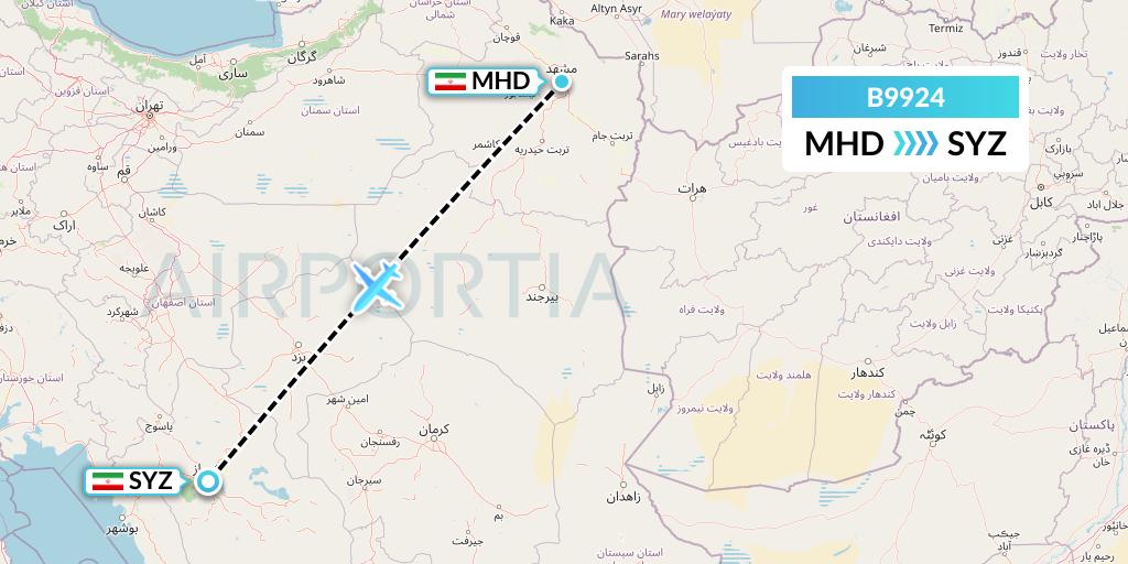 B9924 Iran Air Tours Flight Map: Mashhad to Shiraz