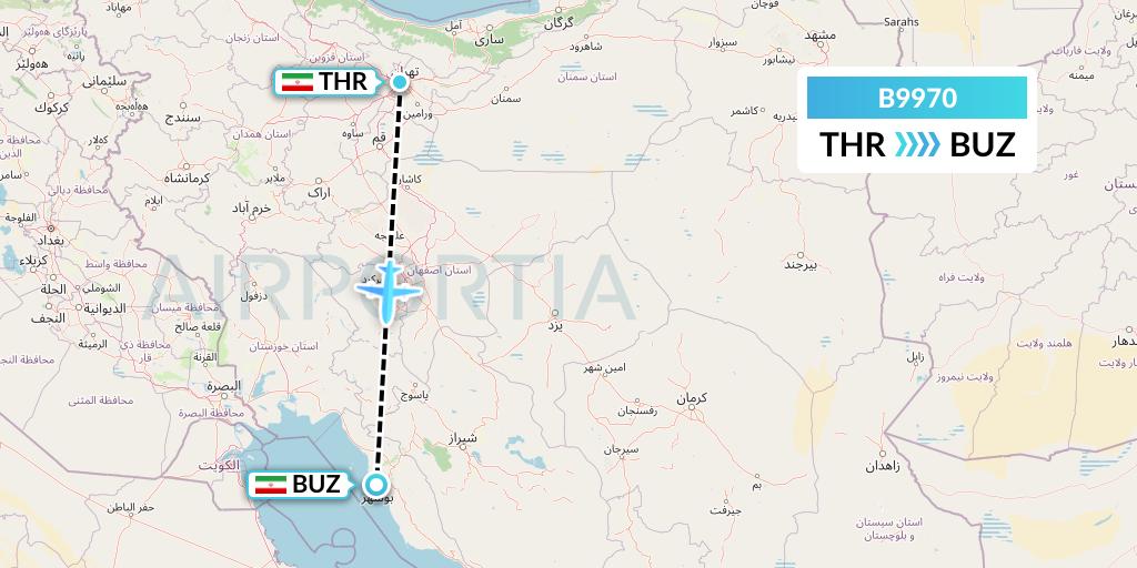 B9970 Iran Air Tours Flight Map: Tehran to Bushehr