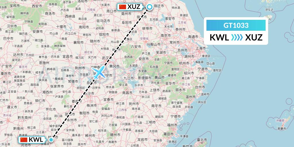 GT1033 Air Guilin Flight Map: Guilin to Xuzhou
