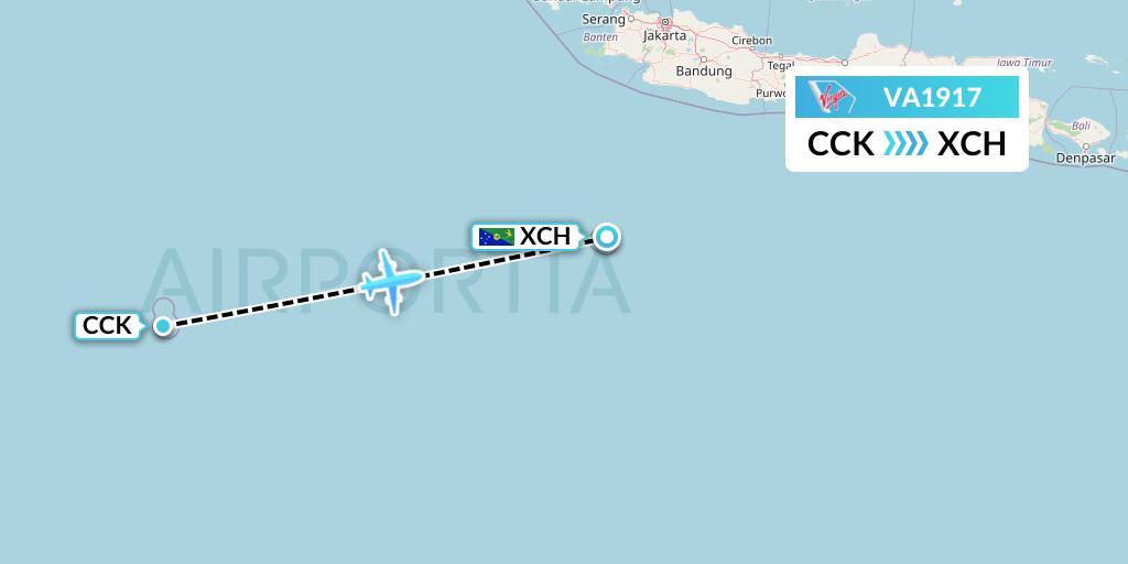 VA1917 Virgin Australia Flight Map: Cocos Islands to Christmas Island