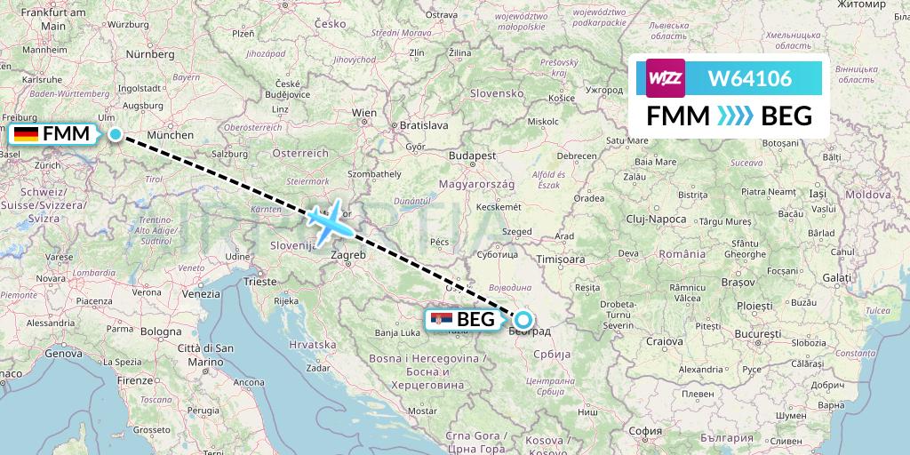 W64106 Wizz Air Flight Map: Memmingen to Belgrade