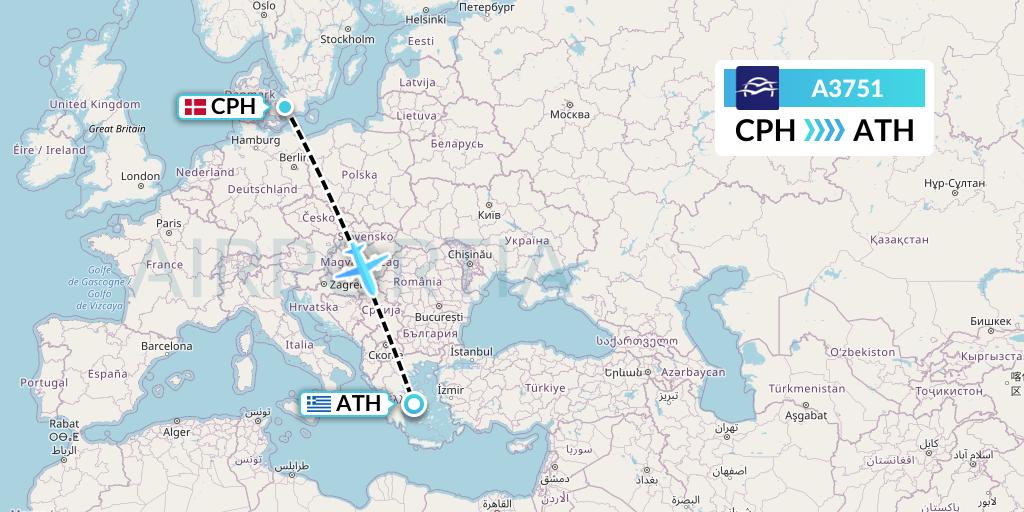 A3751 Aegean Airlines Flight Map: Copenhagen to Athens