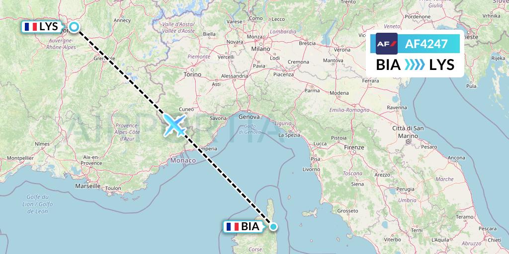AF4247 Air France Flight Map: Bastia to Lyon