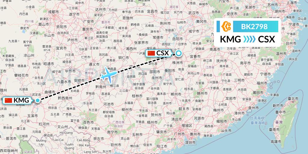 BK2798 Okay Airways Flight Map: Kunming to Changsha
