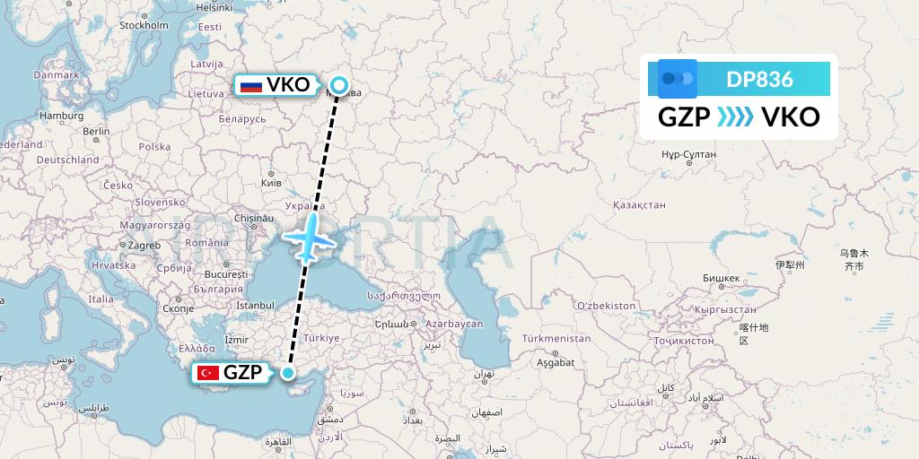 DP836 Pobeda Flight Map: Gazipasa to Moscow