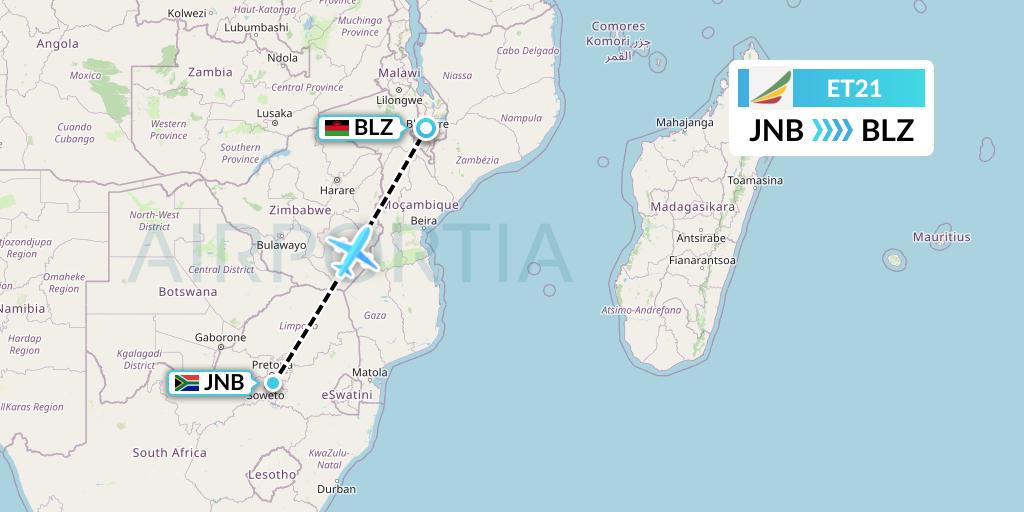 ET21 Ethiopian Airlines Flight Map: Johannesburg to Blantyre
