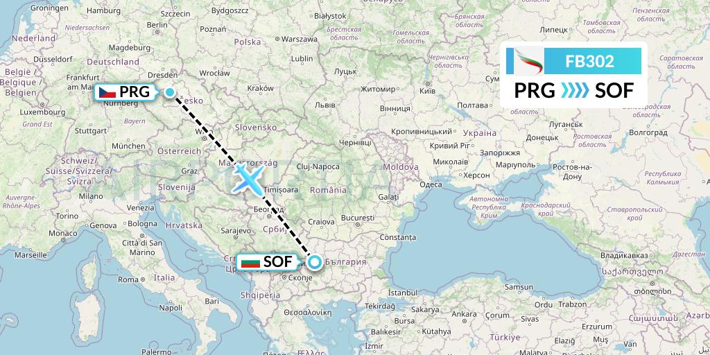 FB302 Bulgaria Air Flight Map: Prague to Sofia