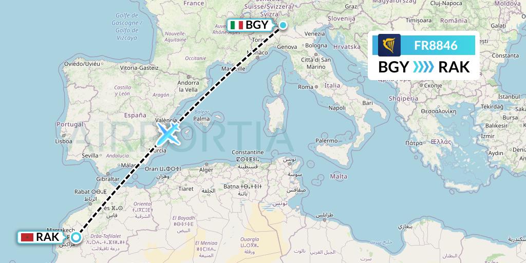 FR8846 Ryanair Flight Map: Milan to Marrakesh