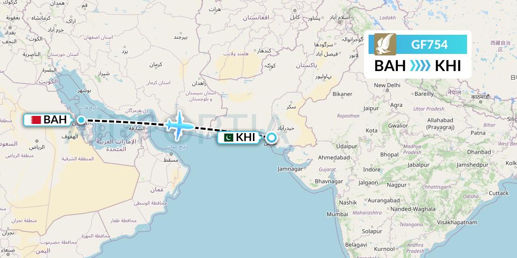 GF754 Gulf Air Flight Map: Bahrain to Karachi