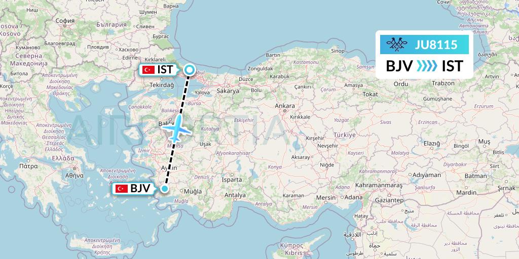 JU8115 AirSERBIA Flight Map: Bodrum to Istanbul
