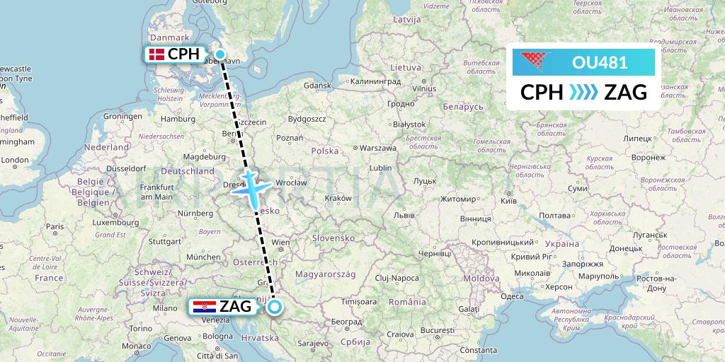 OU481 Croatia Airlines Flight Map: Copenhagen to Zagreb