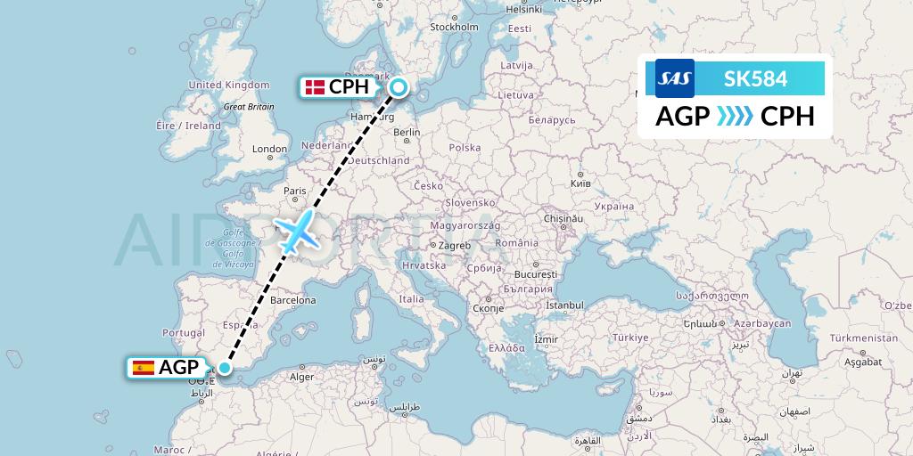 SK584 SAS Flight Map: Malaga to Copenhagen