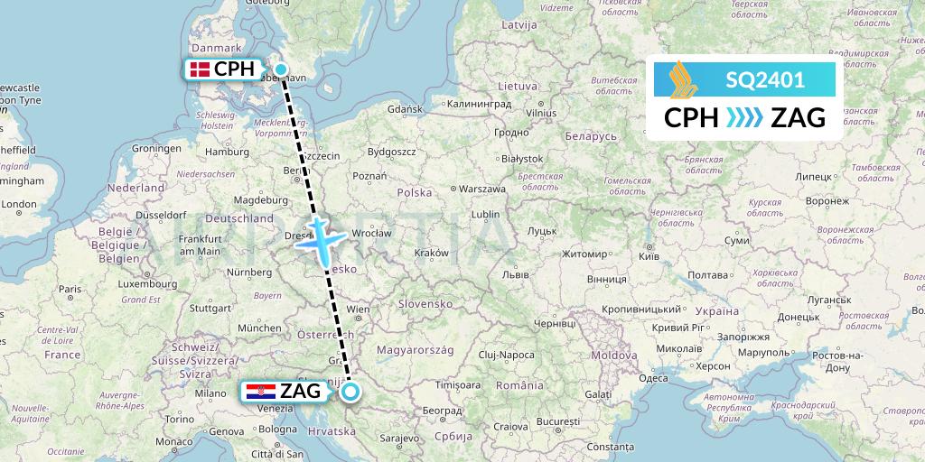 SQ2401 Singapore Airlines Flight Map: Copenhagen to Zagreb
