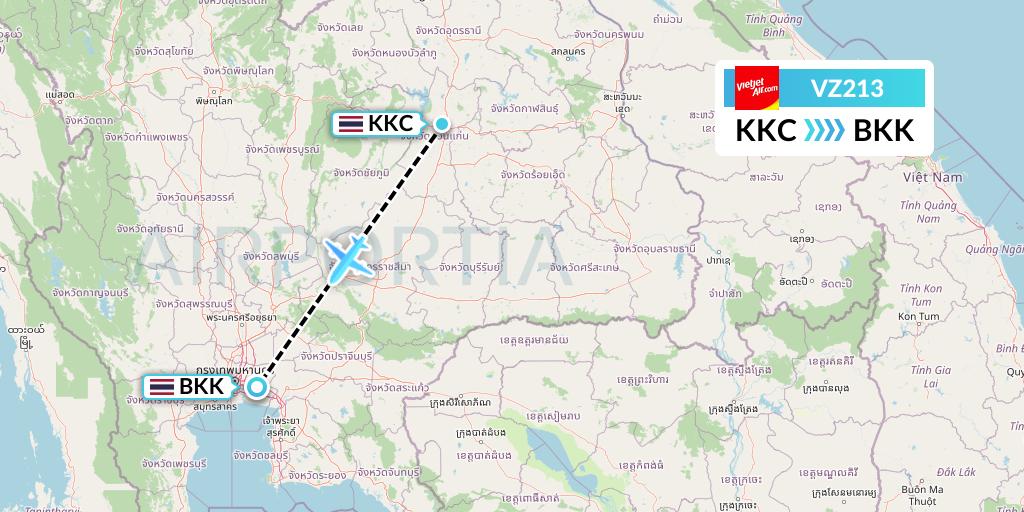 VZ213 Thai Vietjet Air Flight Map: Khon Kaen to Bangkok