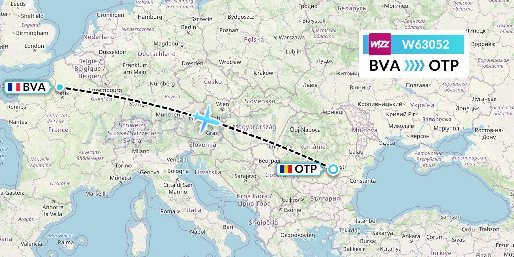 W63052 Wizz Air Flight Map: Paris to Bucharest