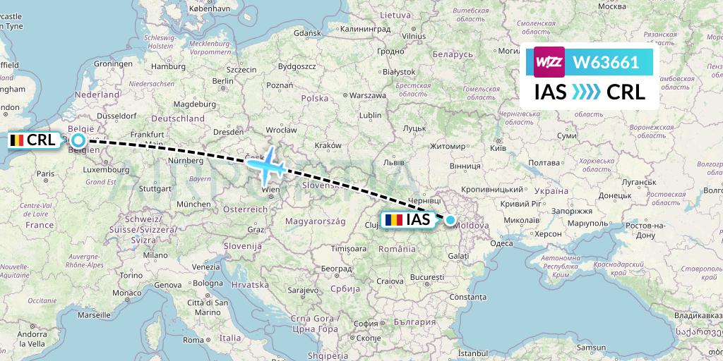 W63661 Wizz Air Flight Map: Iasi to Brussels