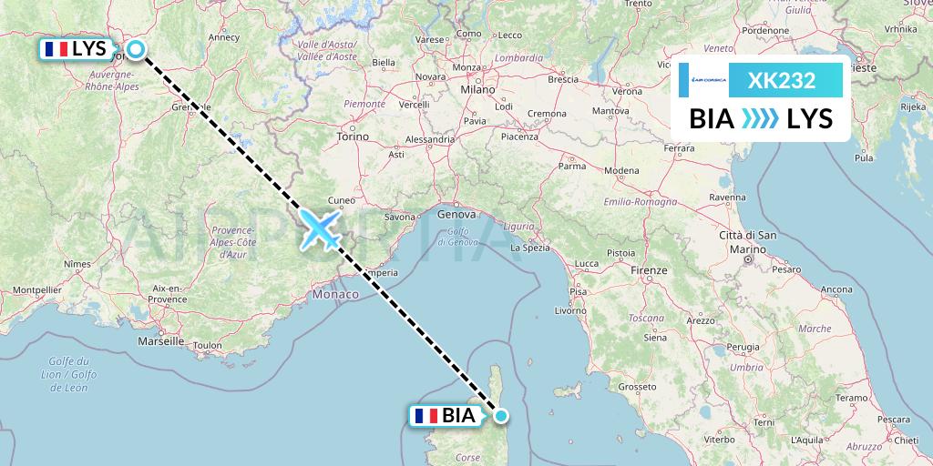 XK232 Air Corsica Flight Map: Bastia to Lyon