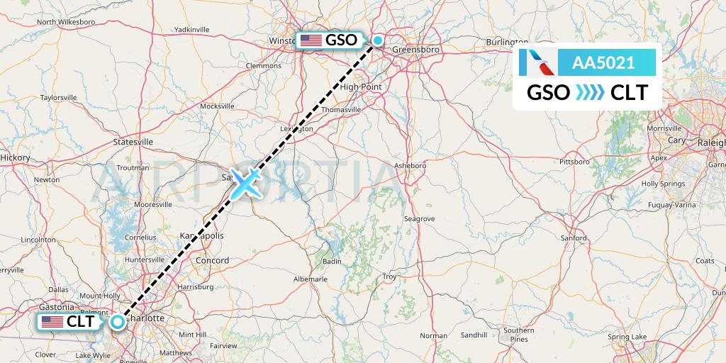 AA5021 American Airlines Flight Map: Greensboro to Charlotte