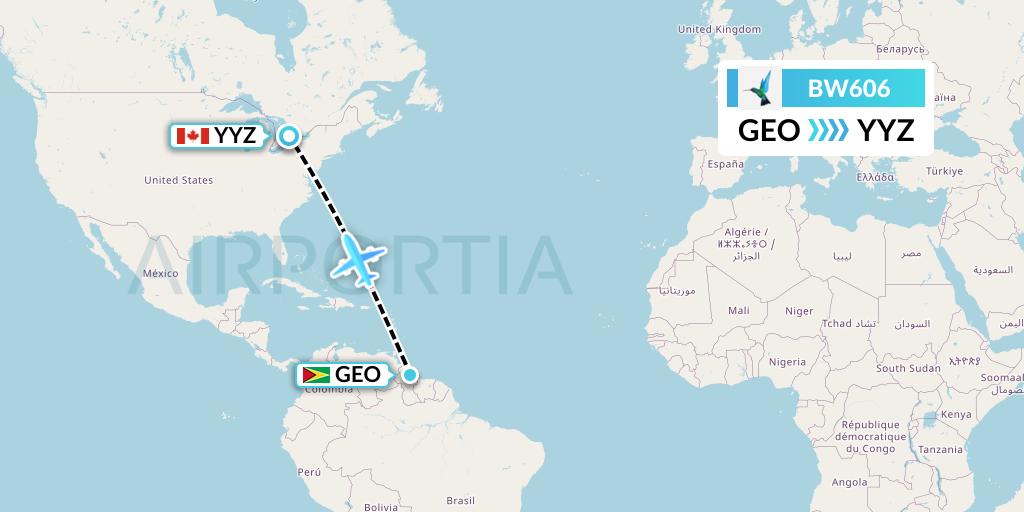 BW606 Caribbean Airlines Flight Map: Georgetown to Toronto