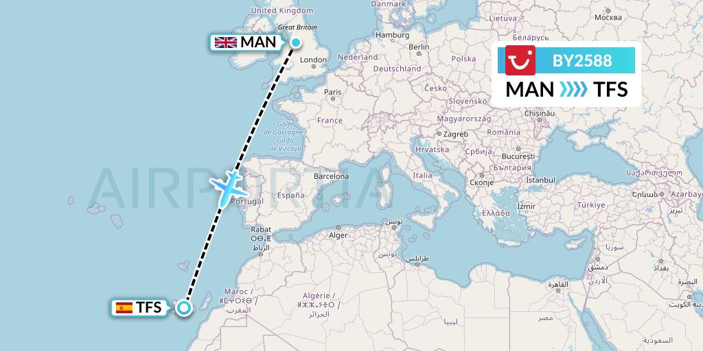 BY2588 TUI Airways Flight Map: Manchester to Tenerife