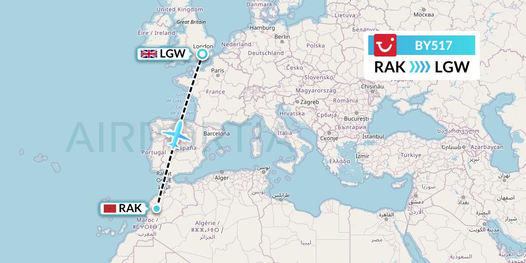 BY517 TUI Airways Flight Map: Marrakesh to London
