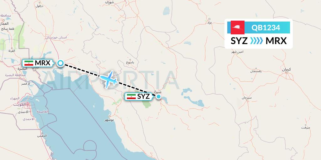 QB1234 Qeshm Airlines Flight Map: Shiraz to Mahshahr
