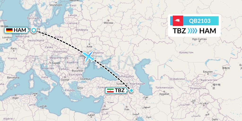 QB2103 Qeshm Airlines Flight Map: Tabriz to Hamburg
