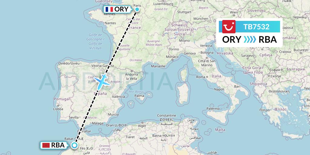TB7532 TUI fly Belgium Flight Map: Paris to Rabat