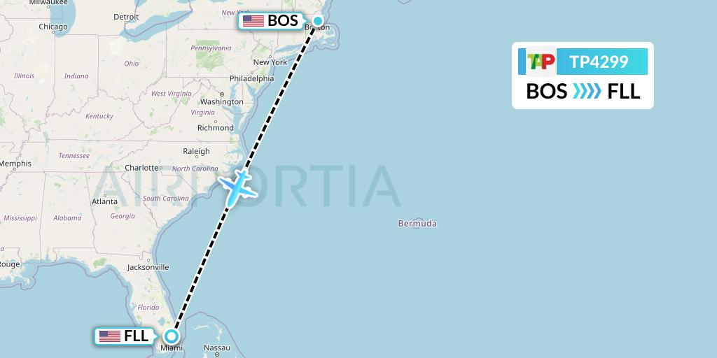 TP4299 TAP Portugal Flight Map: Boston to Fort Lauderdale