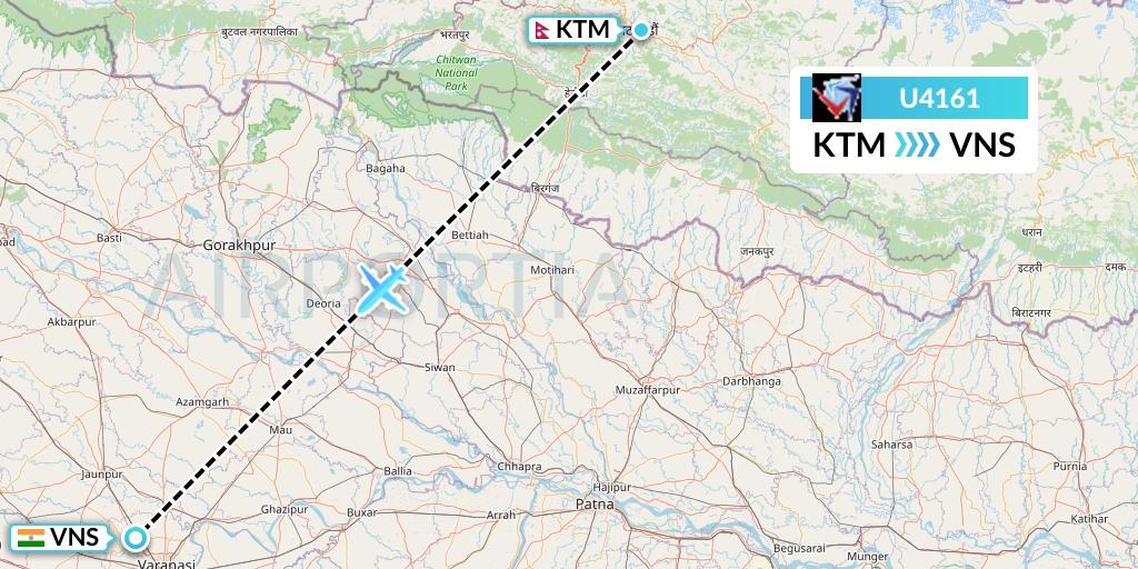 U4161 Buddha Air Flight Map: Kathmandu to Varanasi