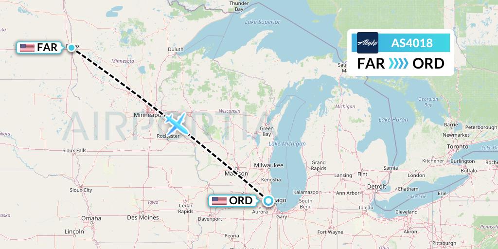 AS4018 Alaska Airlines Flight Map: Fargo to Chicago