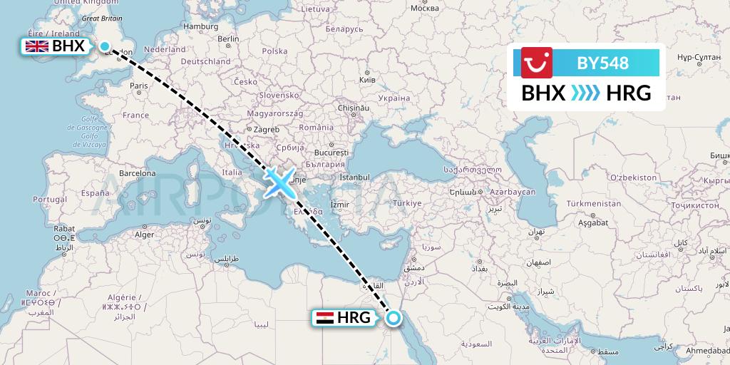 BY548 TUI Airways Flight Map: Birmingham to Hurghada