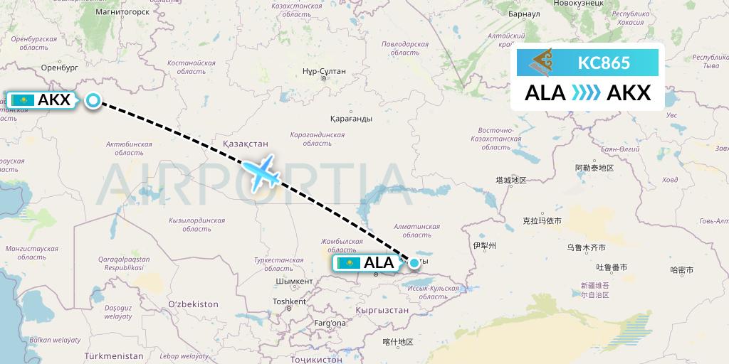 KC865 Air Astana Flight Map: Almaty to Aktobe